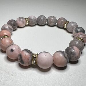 Vintage‎ Natural Pink Zebra Jasper, Crystal & Rhinestone Stretch Beaded Bracelet